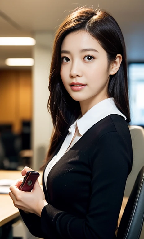 (woman in a OL office lady attire, using a mobile phone in an office, working, kind and gentle smile, sun yunjoo, still from a romantic-comedy korean-drama, park shin hye as an anti-hero, full device, using a magical phone, iu lee ji-eun as a super villain, profile pose, [ realistic photo ]!!, shin min jeong, serious business, lazy, elegant look, the cowboy shot, 'The Matrix movie' atmosphere, bokeh background)