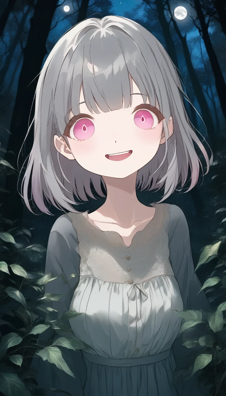 score_9, score_8_up, score_7_up, score_6_up, score_5_up, score_4_up, source_anime, beautiful and cute woman, innkeeper, cleaning up, long face, silvery bob cut, blunt bangs, droopy eyes, smirk, pink cheeks, in a dim forest, faint moonlight, inn entrance with stained glass, simple and simple, slightly scary picture book illustration style