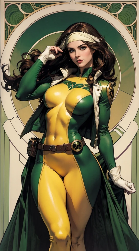 (masterpiece:1.0), (best_quality:1.2), Classic Rogue, 1991 Rogue X-Men, 1 girl, Only 1, full body view, medium length hair, brown hair, wavy hair, messy hair, one lock of white hair, green eyes, mischievous look, smirking, fit figure, curvy figure, medium breasts, lipstick, makeup, jacket, green headband, belt, yellow gloves, skin tight bodysuit, open jacket, light source from above, (realism: 1.5), (Realistic: 1.4), (Absurdity:1.4), 8k, ultra-detailed, Detailed Beautiful Woman, (Art Nouveau style), influence by John William Waterhouse and Alphons Mucha, circles, banners, background colors: green, gold, yellow, white, beige