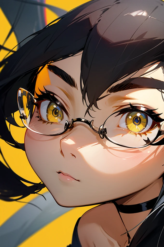 woman、Black-haired、Three-stranded、A calm face、Wear glasses、Black T-shirt、Black choker around the neck、Yellow background、Close-up of eyes