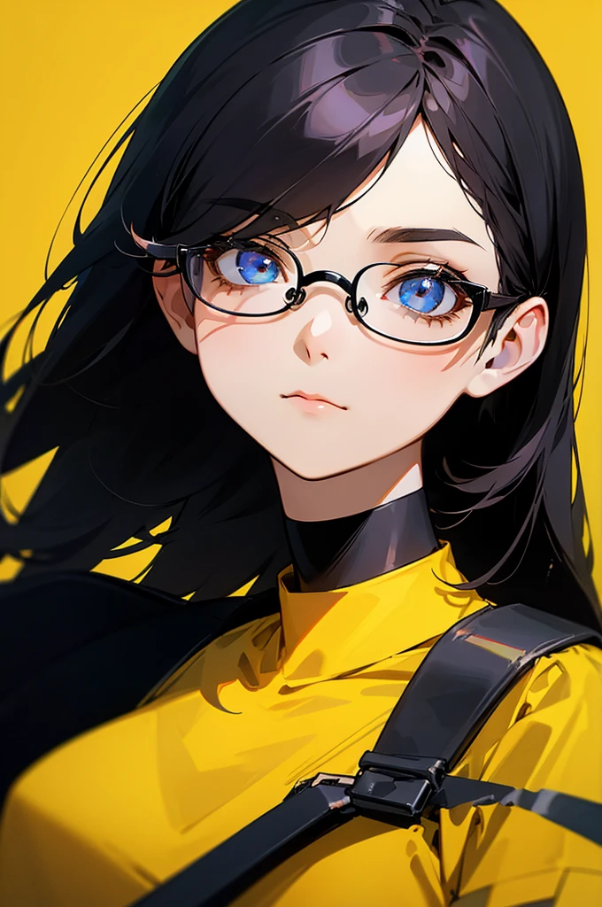 woman、Black-haired、Three-stranded、A calm face、Wear glasses、Black T-shirt、Black choker around the neck、Yellow background、Close-up of eyes