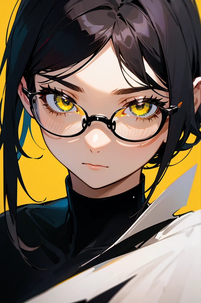 woman、Black-haired、Three-stranded、A calm face、Wear glasses、Black T-shirt、Black choker around the neck、Yellow background、Close-up of eyes
