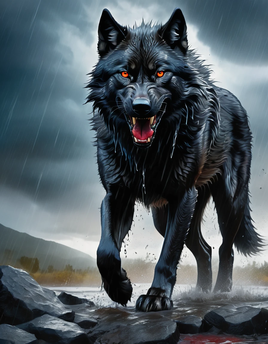 A captivating, large-scale digital painting of a powerful and majestic calm elegant mature black wolf standing victoriously amidst the aftermath of a ferocious battle. The wolf's muscular physique glistens with rainwater, emphasizing its strength and dominance. The striking contrast of one red and one blue eye pierce through the stormy darkness, The wolf's face is adorned covered with scars,fully destroyed and ripped and cutted face,each one telling a tale of survival and conflict, adding to its fierce and intimidating appearance.
The dark fantasy theme is beautifully captured in the wild, stormy night setting, with lightning illuminating the sky and thunder echoing in the distance. The heavy rainfall adds to the untamed beauty of the wilderness, while the wolf's imposing figure embodies resilience and power amidst nature's raw force. This cinematic