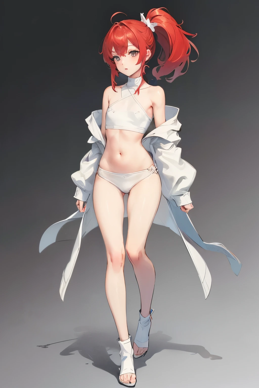 ((best quality)), ((masterpiece)), (detailed), 1girl, off-shoulder sweater, NSFW, small breasts, prominent collarbones, skinny arms, flat stomach, visible hip bones, ponytail, thick ponytail, heavy ponytail, red and white clothing, full body, whole body, body, NSFW, full body, whole body, head-to-toe NSFW