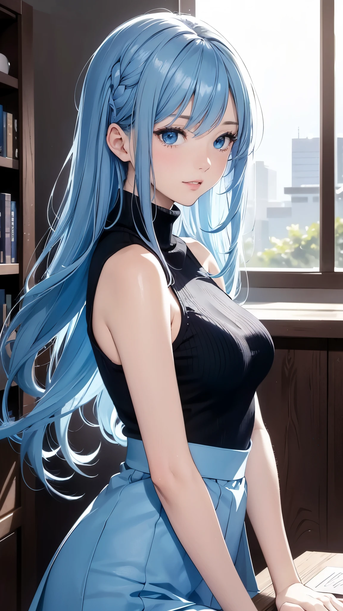 masterpiece、highest quality、High resolution、high quality images、8K, 1 female、skin luster、Texture of skin and clothing、Expression of fine eyes、shiny blue hair,Girl with long blue hair, Manga inspired by Lee Jong-suk, trending on deviantart, Realism, detailed manga style, manga art style, perfect line drawing, beautiful line drawing, digital manga art girl, K-POPアイドル, dress, beautiful blue eyes, plump lips, detailed gorgeous face, (cute smile), charm, innocent, Side view, (perfectly detailed face), (fine hands) photorealistic images, Depth of written boundary, half up hairstyle, (Dark blue turtleneck sleeveless knit)、pencil skirt , corolla , cloud,sky sky,night ,Star, Garden,Rose,The skin is delicate,Blue Roses are blooming in front of the building., rose background, rosette, beautiful flower Garden, pastel roses, blue flower, beautiful and aesthetic, Heavenly Blue, beautiful aesthetics, Pale blue shade, shades of blue, lying on a rose, rose background, pastel overflow, Blue Rose