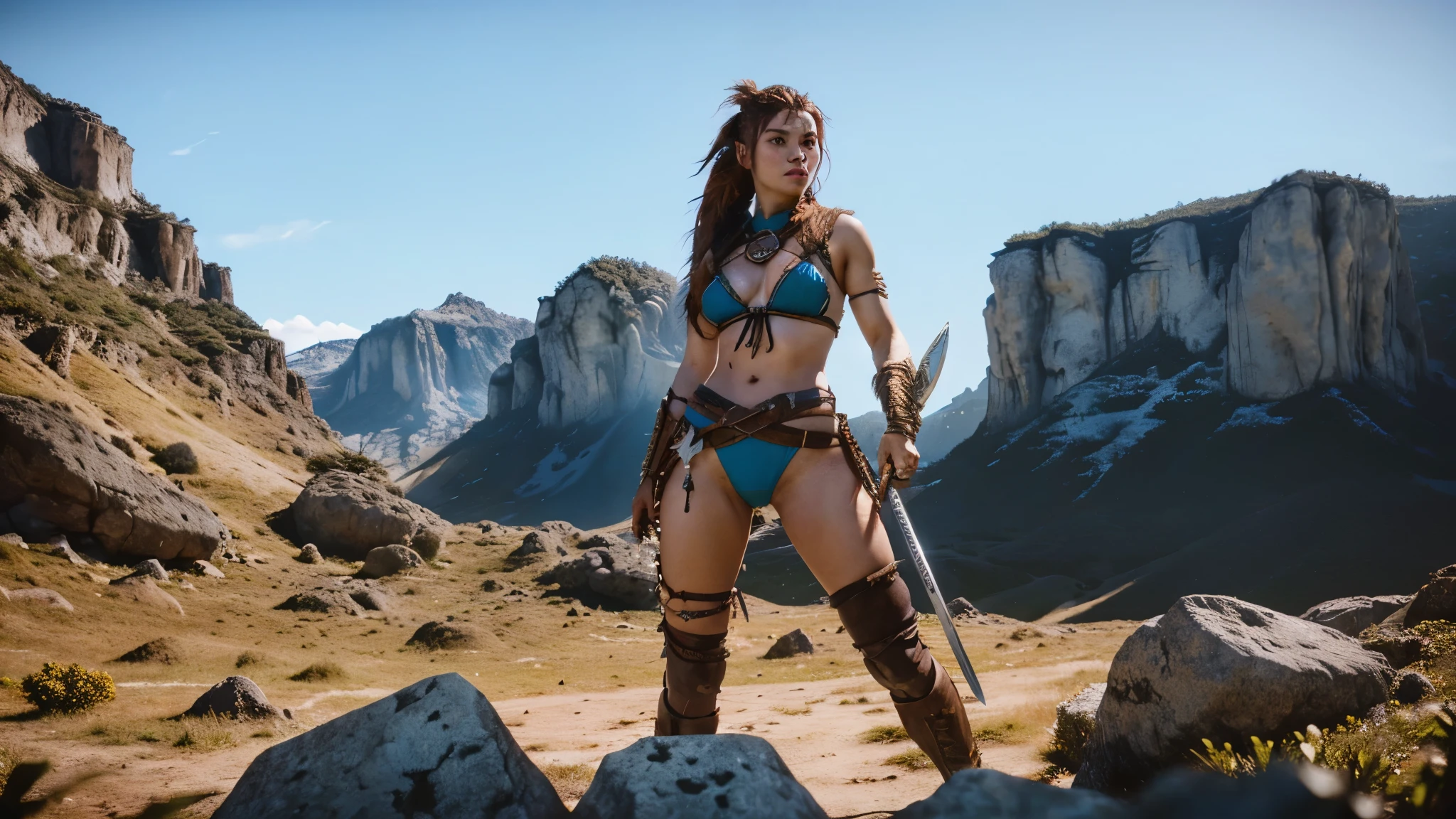 puffy woman in bikini and sword standing in a rocky area, barbarian warrior woman, very beautiful barbarian woman, barbarian woman, warrior woman, warrior woman, Warrior Girl, warrior outfit, beautiful warrior woman, Aloy, retrato de uma barbarian woman, warrior princess, retrato de uma barbarian woman, fantasy style 8k octane rendering, Aloy from horizon: zero dawn