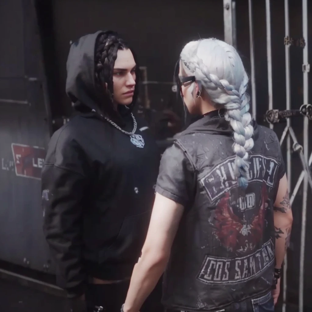 a close up of two people boy with braids hair black hoodie and girl with braids white hair standing near a metal gate, 2020 video game screenshot, video game cutscene, cutscene footage, mechanic punk outfit, gta character, cutscene, style of gta v, johnny silverhand, as a character from gtav, wearing a bandana and chain, video game screenshot>, looks like jerma985