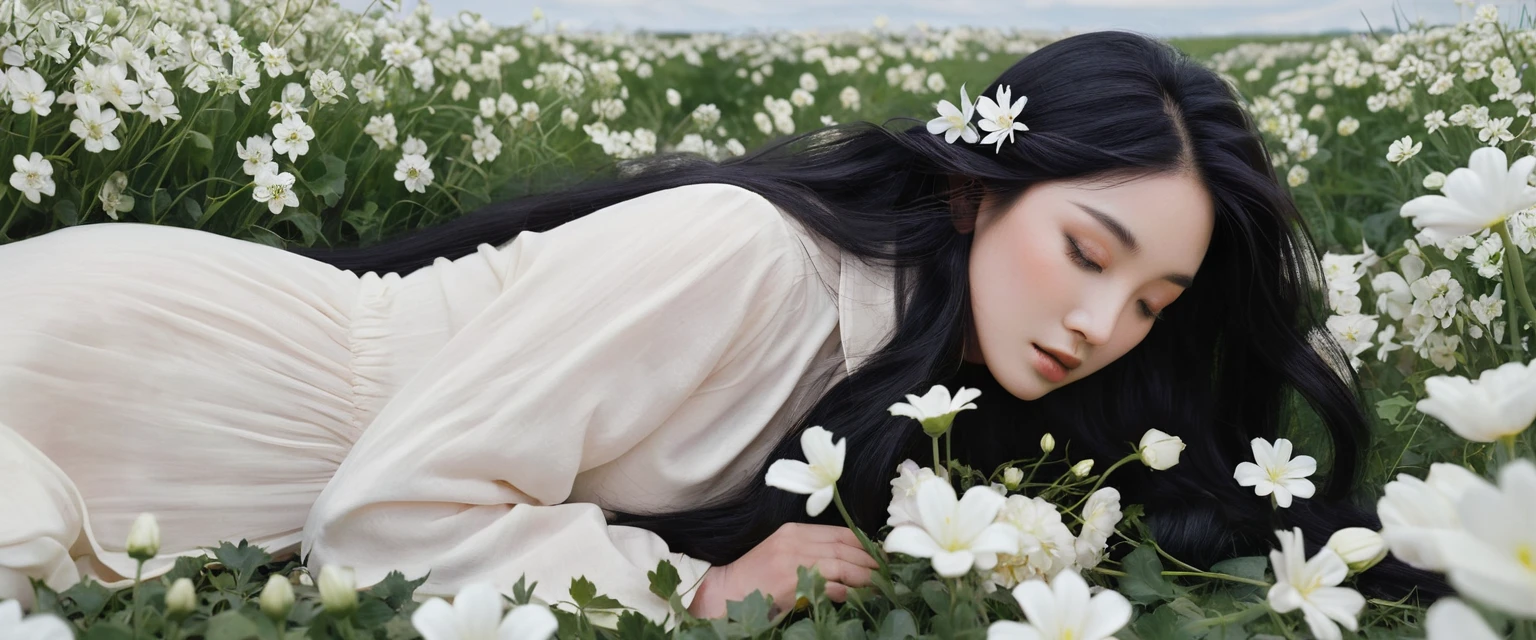 a woman with long black hair and white flowers in her hair is laying down in a field of white flowers, (amy sol:0.248), (stanley artgerm lau:0.106), (a detailed painting:0.353), (gothic art:0.106)