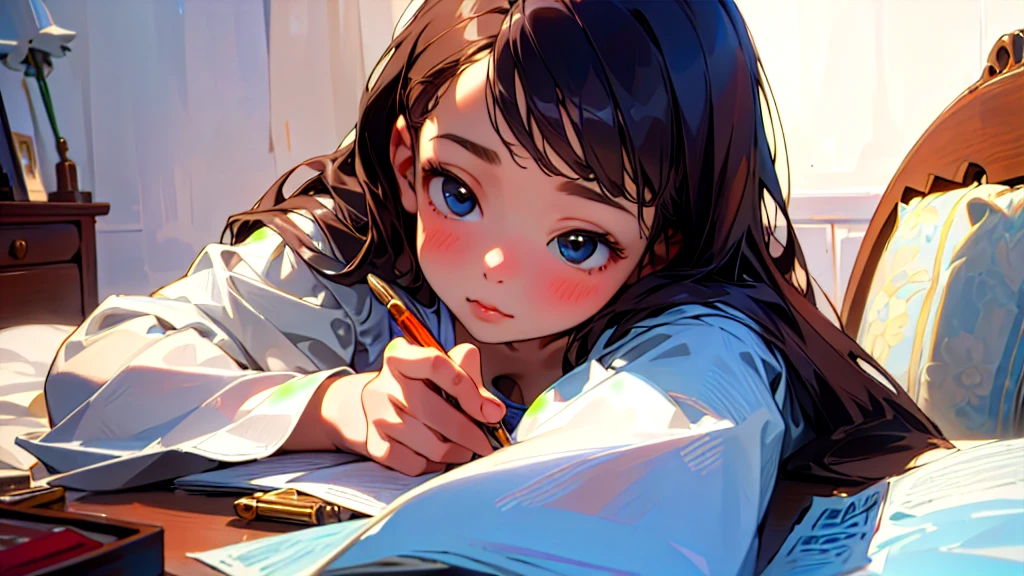 (Highest quality, masterpiece, Ultra-realistic), Beautiful and delicate15Year-old girl portrait, With a calm and gentle expression, The background is the bedroom in my own home.、I am studying hard at my desk.、Holding a pen、Cute clothes、Bust is C cup