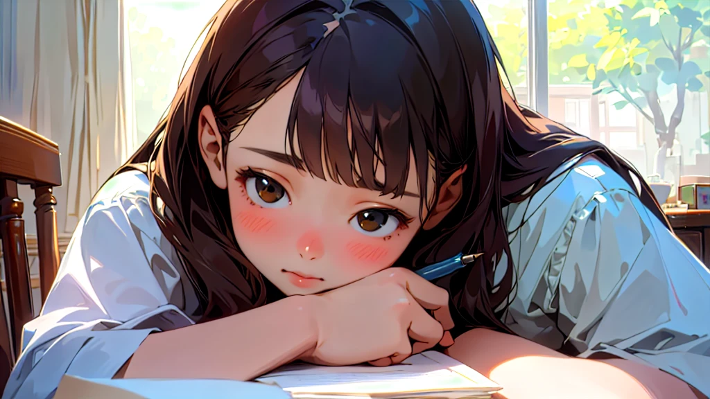 (Highest quality, masterpiece, Ultra-realistic), Beautiful and delicate１５Year-old girl portrait, With a calm and gentle expression, The background is the bedroom in my own home.、I am studying hard at my desk.、Holding a pen、Cute clothes、Bust is C cup