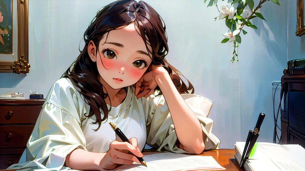 (Highest quality, masterpiece, Ultra-realistic), Beautiful and delicate15Year-old girl portrait, With a calm and gentle expression, The background is the bedroom in my own home.、I am studying hard at my desk.、Holding a pen、Cute clothes、Bust is C cup