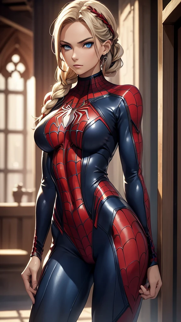 a young woman,sexy,detailed,beautiful blue eyes,stunning blonde hair,braided hair, red highlights, seductive spider man leather outfit, full body focus,photorealistic,masterpiece,8k,ultra-detailed,hyperrealistic,chiaroscuro lighting,cinematic,dramatic lighting,warm color palette,captivating gaze
