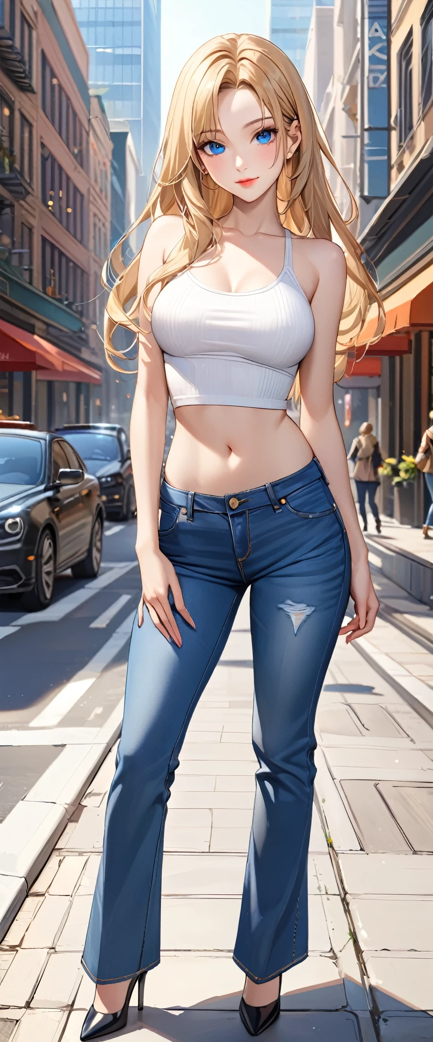 ((best quality, masterpiece:1.3, 8K)), (detailed), highly detailed face and skin texture, detailed eyes, downtown, full body, seductive pose, slender body, 1girl, 25 years old, white skin, blue eyes, bright lips, seductive smile, blond hair, straight hair, long hair, (forehead:0.8), blue eyes, white croptop, no sleeves, navel, jeans pants, flares jeans, blue jeans, black heels, 