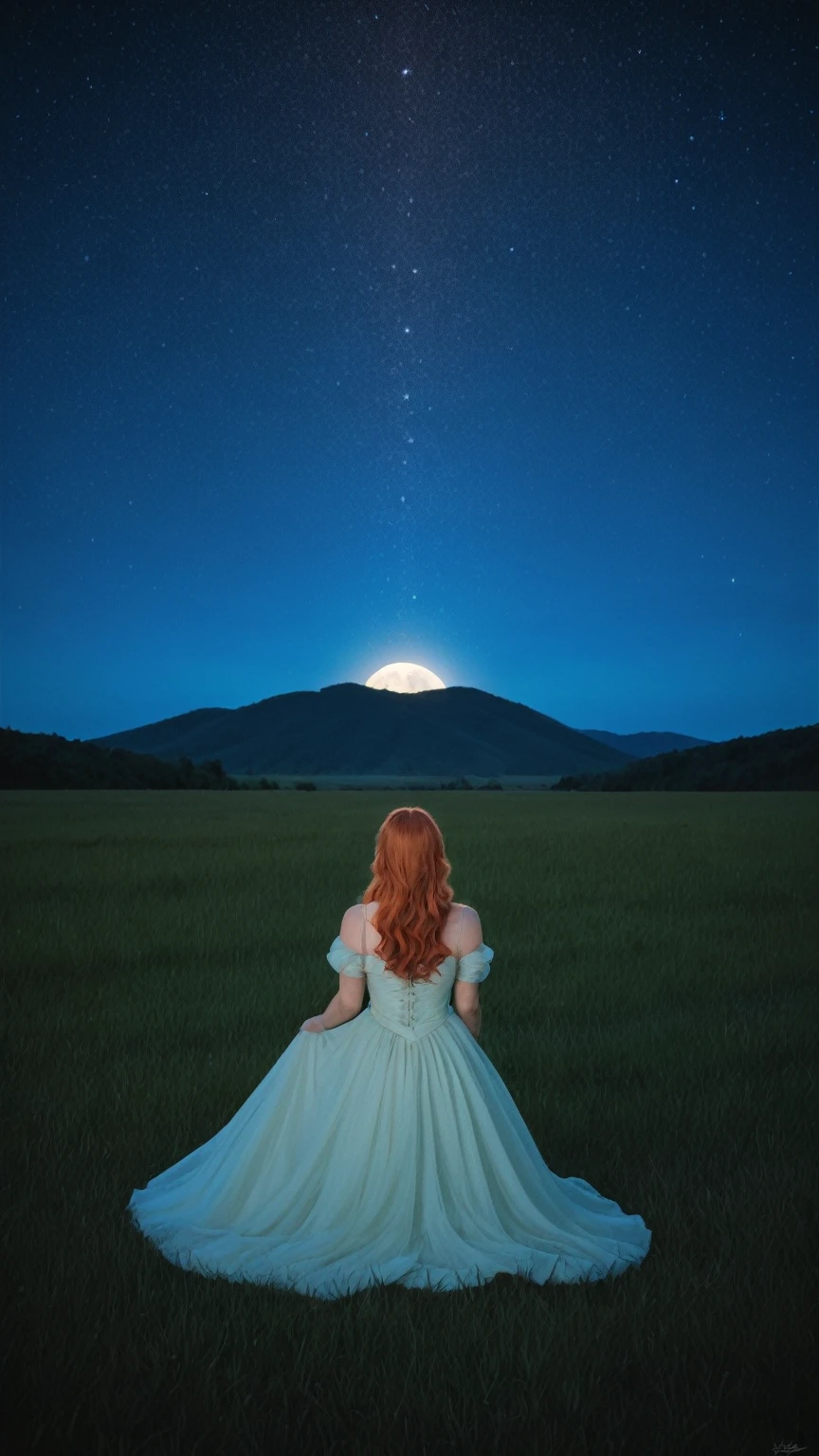 realistic,score_9, score_8_up, score_7_up, BREAK,
 In the tranquil embrace of a starry night, a girl sits beneath the celestial tapestry, her hands reaching upwards as if to touch the very stars themselves. Her eyes, mirrors to the cosmos, shimmer with wonder and awe. Around her, the landscape is a breathtaking tableau of lush green fields and distant, majestic mountains. The cool, crisp air whispers of a serene and peaceful night, while her hair, caught in the gentle breeze, adds a delicate dance of movement to the scene’s tranquility.