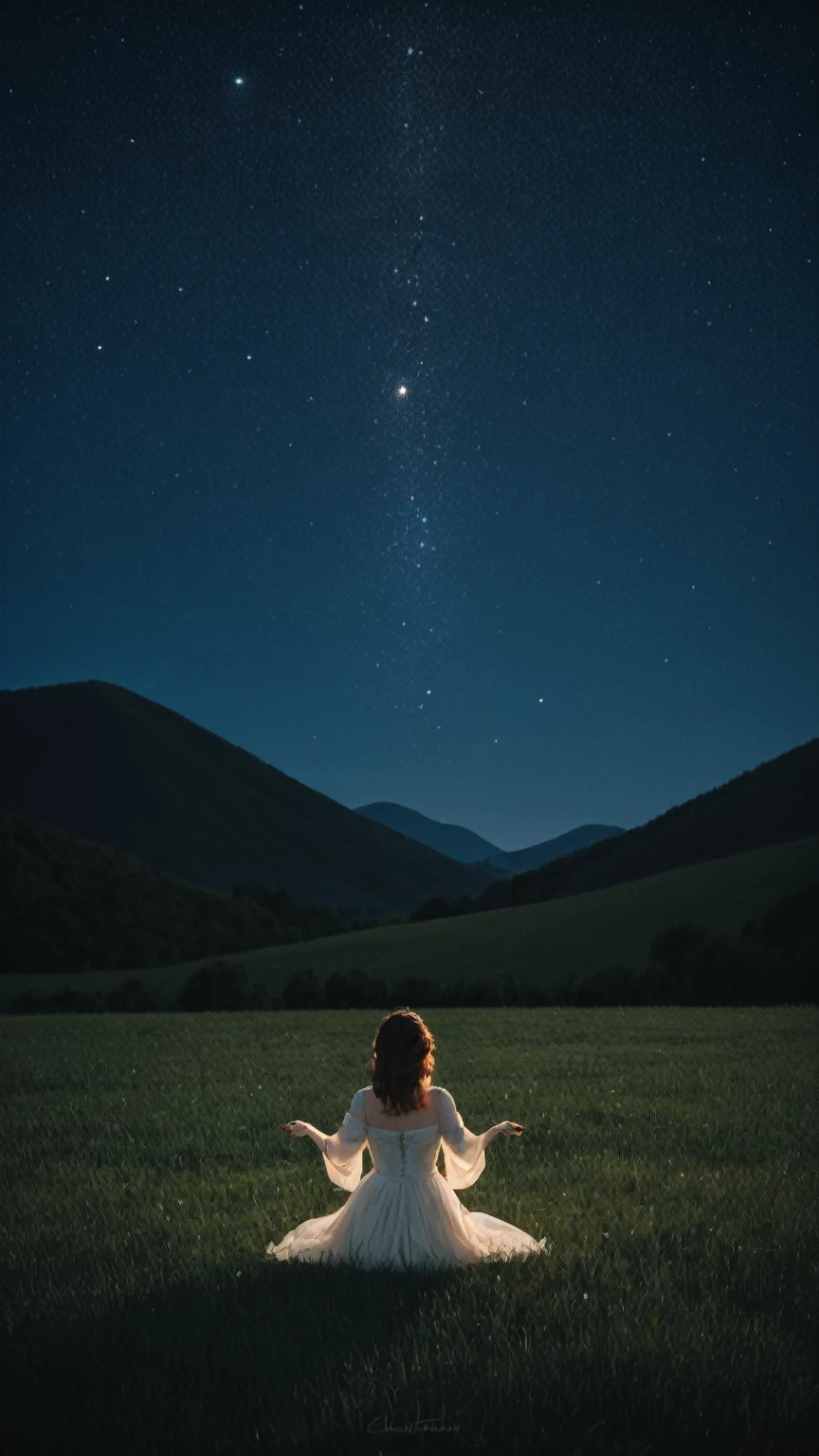 realistic,score_9, score_8_up, score_7_up, BREAK,
In the tranquil embrace of a starry night, a girl sits beneath the celestial tapestry, her hands reaching upwards as if to touch the very stars themselves. Her eyes, mirrors to the cosmos, shimmer with wonder and awe. Around her, the landscape is a breathtaking tableau of lush green fields and distant, majestic mountains. The cool, crisp air whispers of a serene and peaceful night, while her hair, caught in the gentle breeze, adds a delicate dance of movement to the scene’s tranquility.