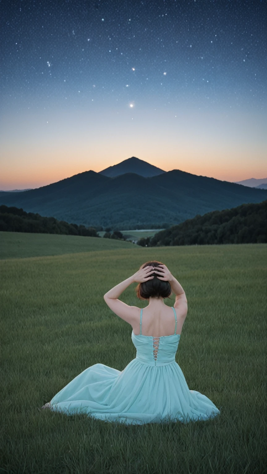 realistic,score_9, score_8_up, score_7_up, BREAK,
In the tranquil embrace of a starry night, a girl sits beneath the celestial tapestry, her hands reaching upwards as if to touch the very stars themselves. Her eyes, mirrors to the cosmos, shimmer with wonder and awe. Around her, the landscape is a breathtaking tableau of lush green fields and distant, majestic mountains. The cool, crisp air whispers of a serene and peaceful night, while her hair, caught in the gentle breeze, adds a delicate dance of movement to the scene’s tranquility.