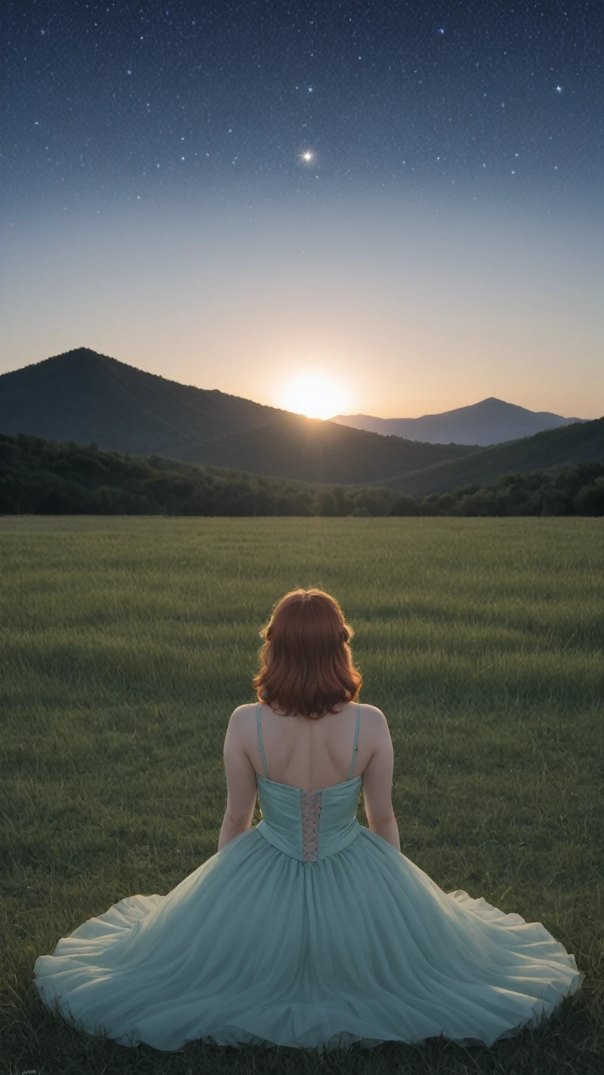 realistic,score_9, score_8_up, score_7_up, BREAK,
In the tranquil embrace of a starry night, a girl sits beneath the celestial tapestry, her hands reaching upwards as if to touch the very stars themselves. Her eyes, mirrors to the cosmos, shimmer with wonder and awe. Around her, the landscape is a breathtaking tableau of lush green fields and distant, majestic mountains. The cool, crisp air whispers of a serene and peaceful night, while her hair, caught in the gentle breeze, adds a delicate dance of movement to the scene’s tranquility.