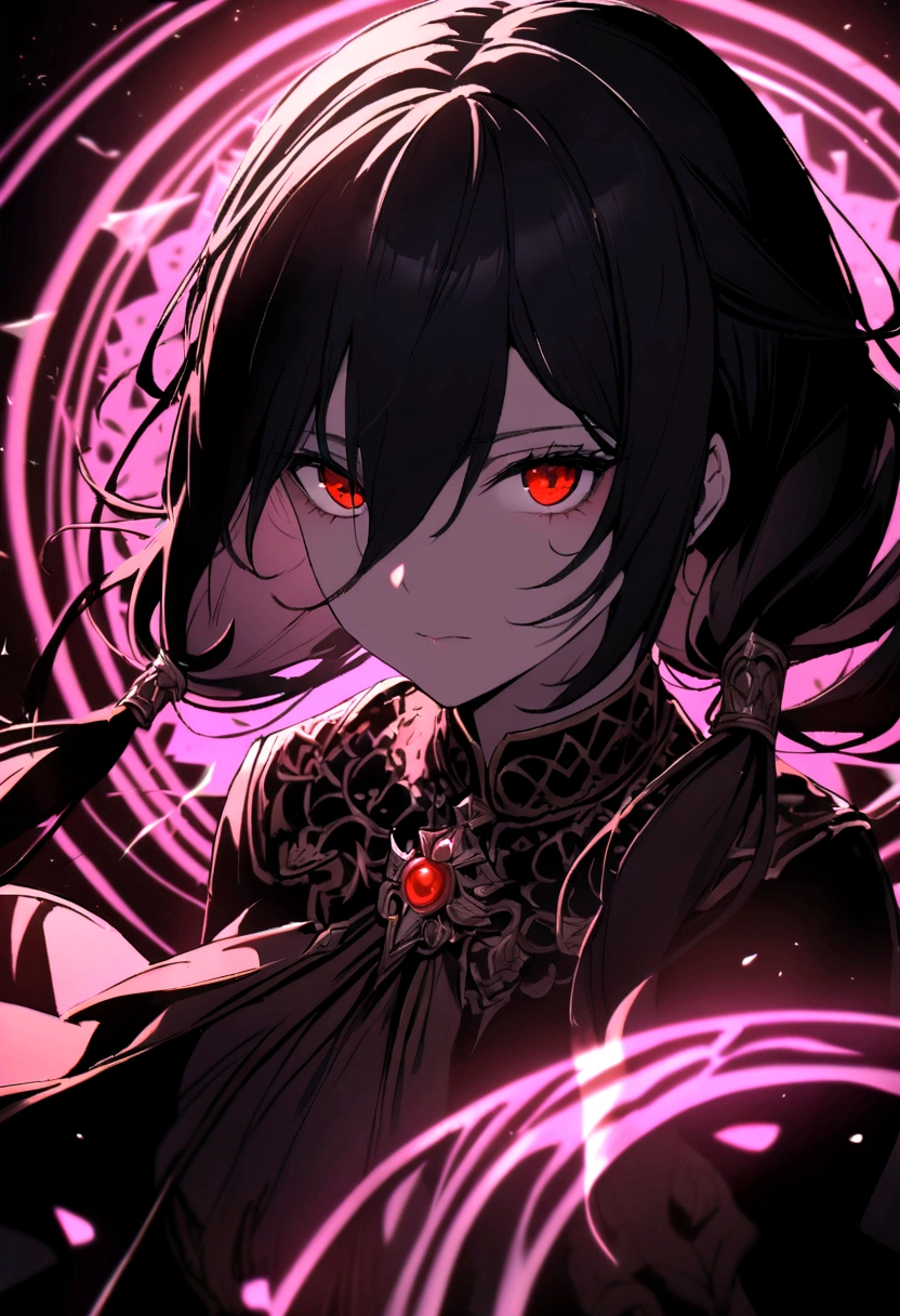 (Masterpiece, Best quality, Ultra-detailed, Best shadow), (Detailed background,Dark fantasy), (Beautiful detailed face), High contrast, (Best illumination, An extremely delicate and beautiful), ((Cinematic light)), Colorful, Hyper-detailing, Dramaticlight, Intricate details, (1 girl, Solo,Black hair, sharpy face,Low Twin Tails,Red eyes, hair between eye,Dynamic Angle), blood spatter, swirling black light around character, Depth of field,Black light particles,(Broken glass),Magical Circle,