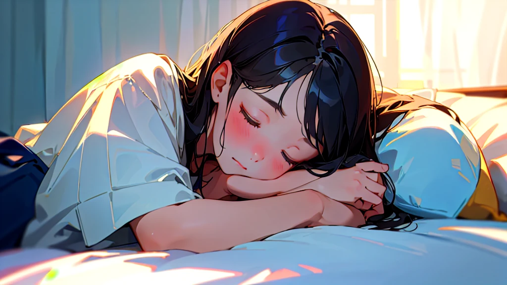 (Highest quality, masterpiece, Ultra-realistic), Beautiful and delicate15Year-old girl portrait,, The background is my bedroom at home.、Sleeping with a calm expression、Midnight、It's pitch black in the room.、It's raining outside、Rainy season、It's dark outside