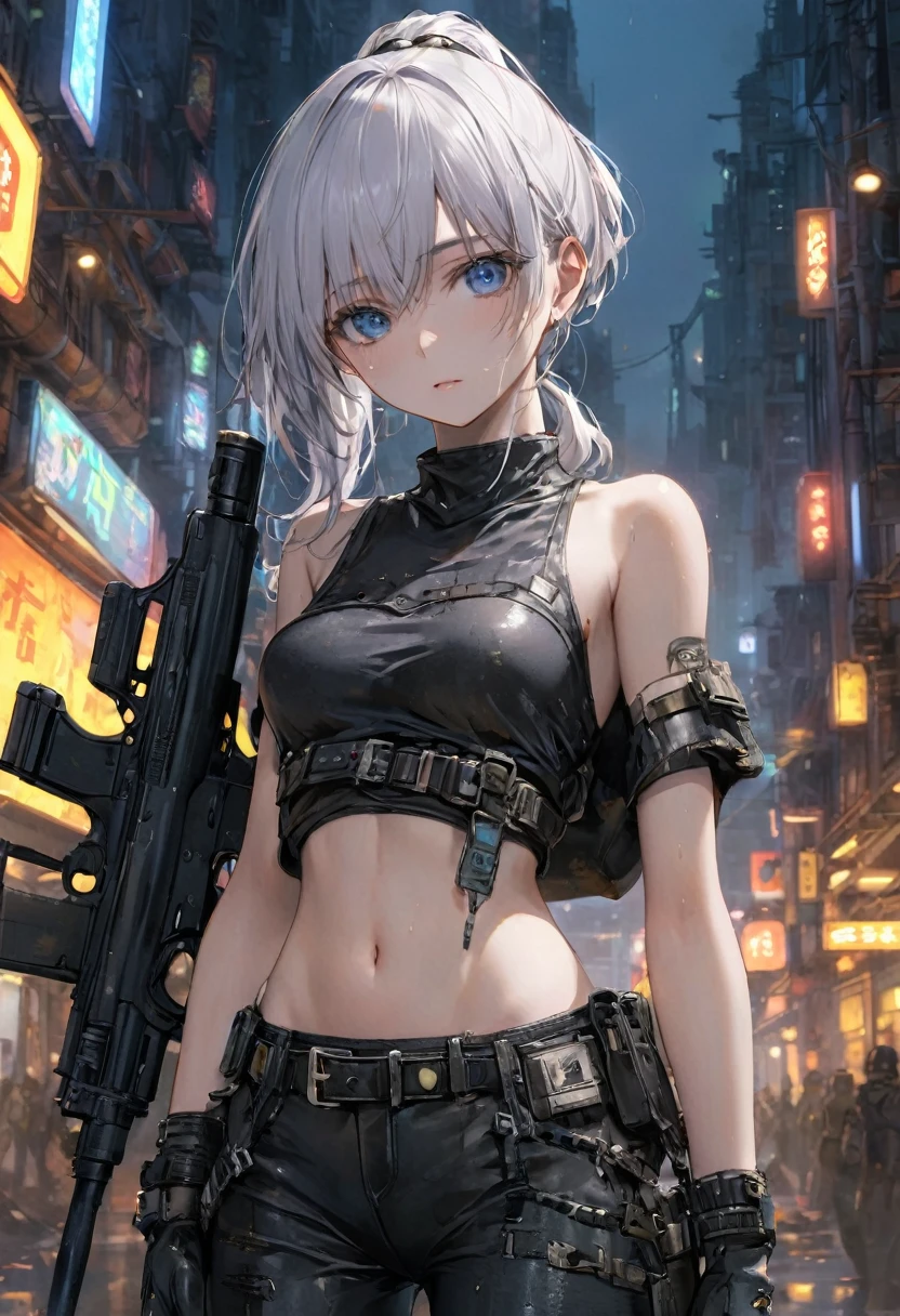 (Topless), ((Masterpiece)), ((Best Quality)),Ultra High Resolution, Caustics, Detailed, Beautiful Detailed Eyes, solo, (cyberpunk, post apocalyptic, ruins, night, neon lights, city), cowboy shot,18 year old beauty、(separate, ,shiny black pants, belt, waist pouch, holding a gun, navel, slender body, ideal ratio body proportions,oily skin, gleaming skin,sweat,medium breasts,icy blue eyes, (ponytail)、medium hair, white hair,painful expression、standing, nipples, breasts, facemask, bare shoulders, bare breasts, facemask