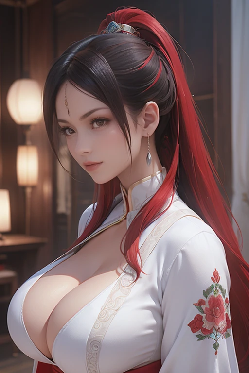 Game Art,Best picture quality,Maximum resolution,8K,((A bust photo)),((portrait)),((Head close-up)),(Rule of Thirds),Unreal Engine 5 rendering works, (Future Girl),(Female Warrior), 22 year old girl,(Chinese women),(Rainbow hair,Oriental hairstyle),((Red pupils:1.3)),(Beautiful eyes full of details),(Large Breasts),(Eyeshadow),Elegant and charming,indifferent,((anger)),(Silk top with ancient Chinese style,Belly band,The clothes are decorated with Chinese patterns,The sparkle of jewelry,White),(These clothes are made of silk.:1.5),number,Fantasy style, Photo poses,City background,light,Ray Tracing,Game CG,((3D Unreal Engine)),OC rendering reflection mode,(((Full and soft breasts,)))(((Huge breasts))) (((Cleavage))) (Perfect curvy figure),