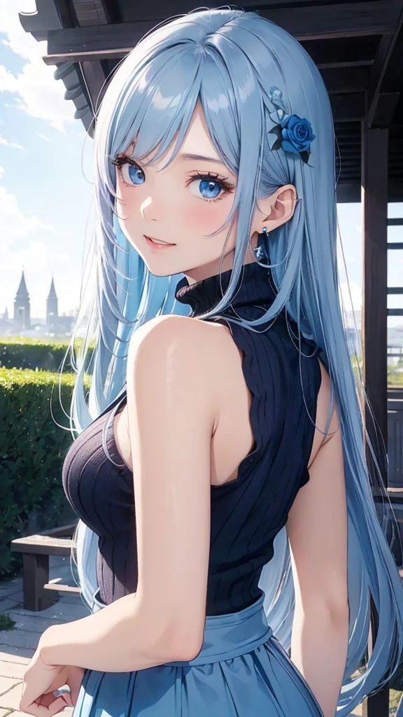 masterpiece、highest quality、High resolution、high quality images、8K, 1 female、skin luster、Texture of skin and clothing、Expression of fine eyes、shiny blue hair,Girl with long blue hair, Manga inspired by Lee Jong-suk, trending on deviantart, Realism, detailed manga style, manga art style, perfect line drawing, beautiful line drawing, digital manga art girl, K-POPアイドル, dress, beautiful blue eyes, plump lips, detailed gorgeous face, (cute smile), charm, innocent, Side view, (perfectly detailed face), (fine hands) photorealistic images, Depth of written boundary, half up hairstyle, (Dark blue turtleneck sleeveless knit)、pencil skirt , corolla , cloud,sky sky,night ,Star, Garden,Rose,The skin is delicate,Blue Roses are blooming in front of the building., rose background, rosette, beautiful flower Garden, pastel roses, blue flower, beautiful and aesthetic, Heavenly Blue, beautiful aesthetics, Pale blue shade, shades of blue, lying on a rose, rose background, pastel overflow, Blue Rose