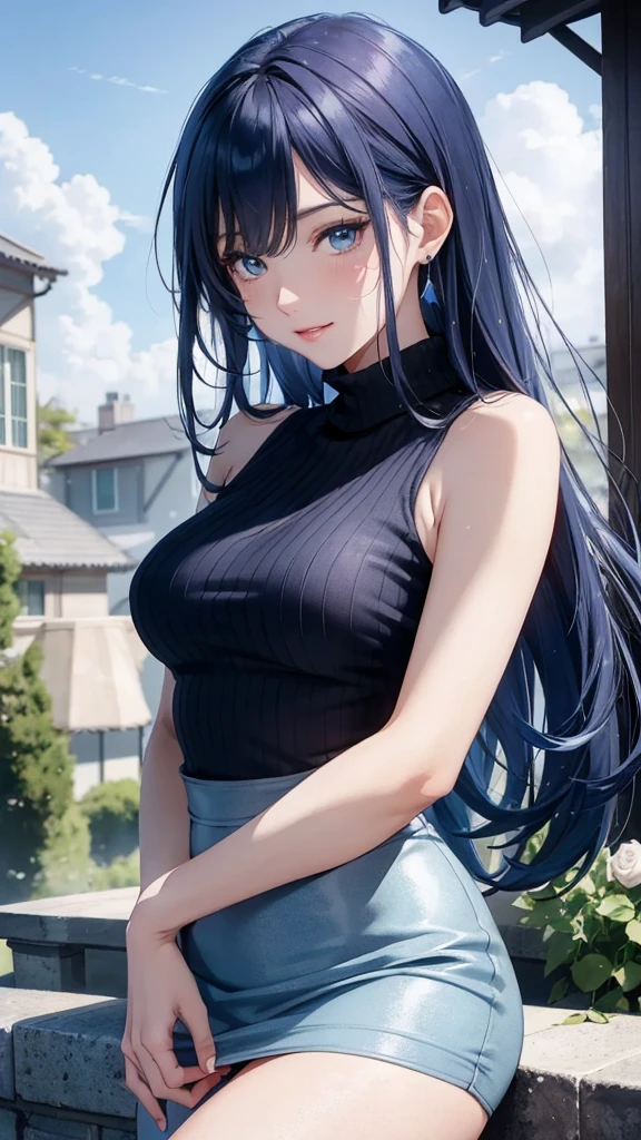 masterpiece、highest quality、High resolution、high quality images、8K, 1 female、skin luster、Texture of skin and clothing、Expression of fine eyes、shiny blue hair,Girl with long blue hair, Manga inspired by Lee Jong-suk, trending on deviantart, Realism, detailed manga style, manga art style, perfect line drawing, beautiful line drawing, digital manga art girl, K-POPアイドル, dress, beautiful blue eyes, plump lips, detailed gorgeous face, (cute smile), charm, innocent, Side view, (perfectly detailed face), (fine hands) photorealistic images, Depth of written boundary, half up hairstyle, (Dark blue turtleneck sleeveless knit)、pencil skirt , corolla , cloud,sky sky,night ,Star, Garden,Rose,The skin is delicate,Blue Roses are blooming in front of the building., rose background, rosette, beautiful flower Garden, pastel roses, blue flower, beautiful and aesthetic, Heavenly Blue, beautiful aesthetics, Pale blue shade, shades of blue, lying on a rose, rose background, pastel overflow, Blue Rose