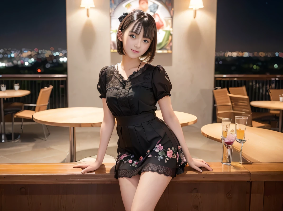 (Highest quality, masterpiece, Ultra-high resolution, 8K, RAW Photos, Realistic, Anatomically correct:1.5), 20-year-old girl:1.2, Embarrassing, avert your eyes, blush:1.0, View Viewer, ((Bar Lounge)) 、Night view、 Light:1.2, Bokeh, Cinema Lighting:1.0, Depth of written boundary, sharp、 Cute face、Idol、Black short sleeve lace top、Black pleated skirt、Black clothing、”dwarf”、(Floral clothes)、(Full Body Shot)、Side angle、Cowboy Shot、 smile、(Ultra short hair)、(Short bob cut)、(Straight bangs)、((See-through))、(( One Girl))、Large Breasts、