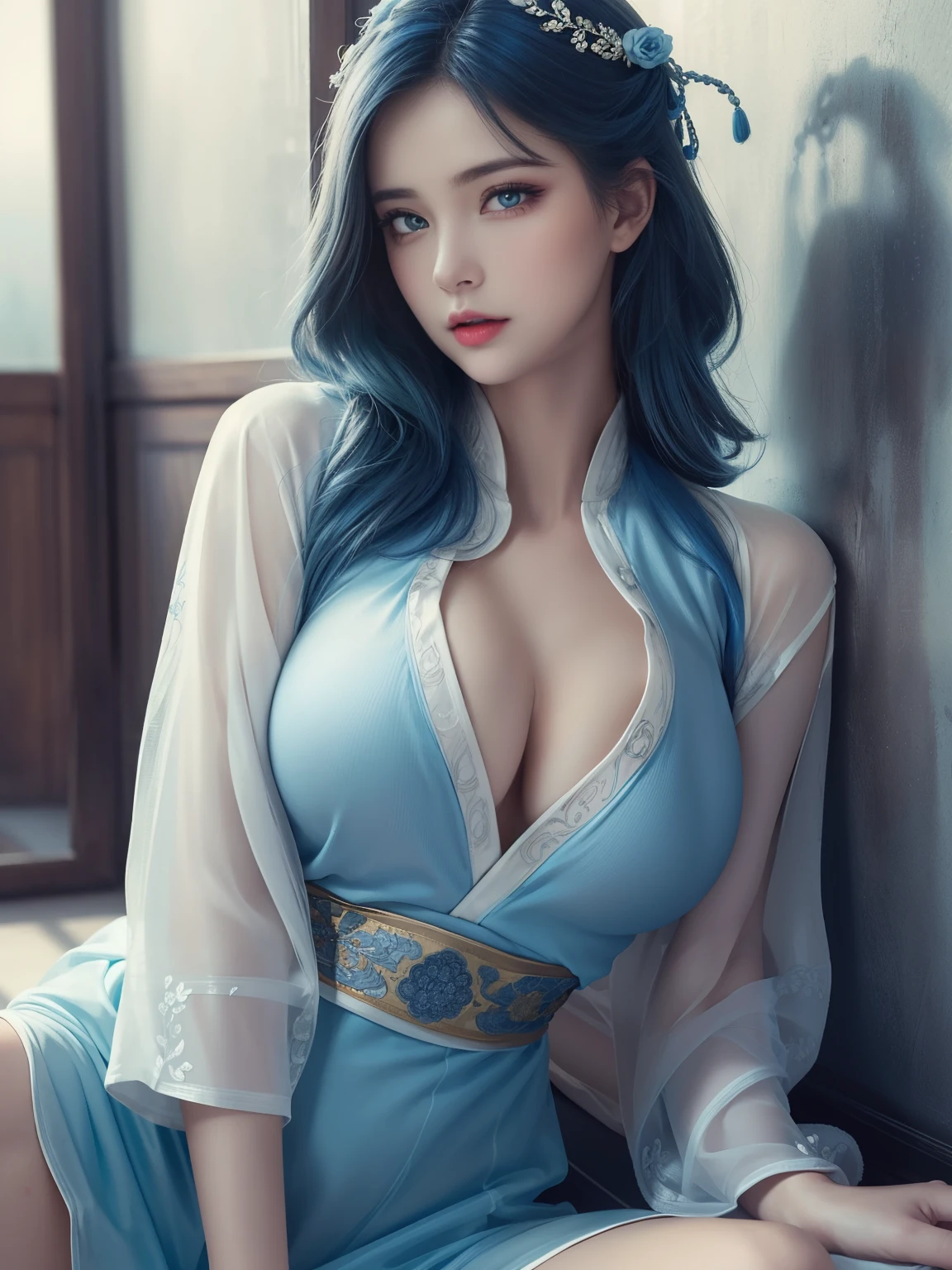 (Hyperrealistic), (illustration), (high resolution), (8K), (Extremely detailed), (Best Illustration), (Beautiful detailed eyes), (Best quality), (Ultra-detailed), (Masterpiece), (the wallpaper), (Photorealistic), (Natural light), (rim lit), (Detailed face), (Highly detailed realistic skin textures), (Anatomically correct), (Solo), (1 girl), (high detailed realistic hair), (Blue hair:1.2), spiked hair, (Heterochromic eyes), (detailed green eyes), (Small moles under the eyes), (Realistic big breasts:1.5), (Exposed breasts:1.3), (Long legs), (Slender abs), (Dynamic pose), (Closed mouth:1.3), (traditional Hanfu attire), (Sheer clothes:1.5), NSFW, show nipples, show vagina, spread legs.