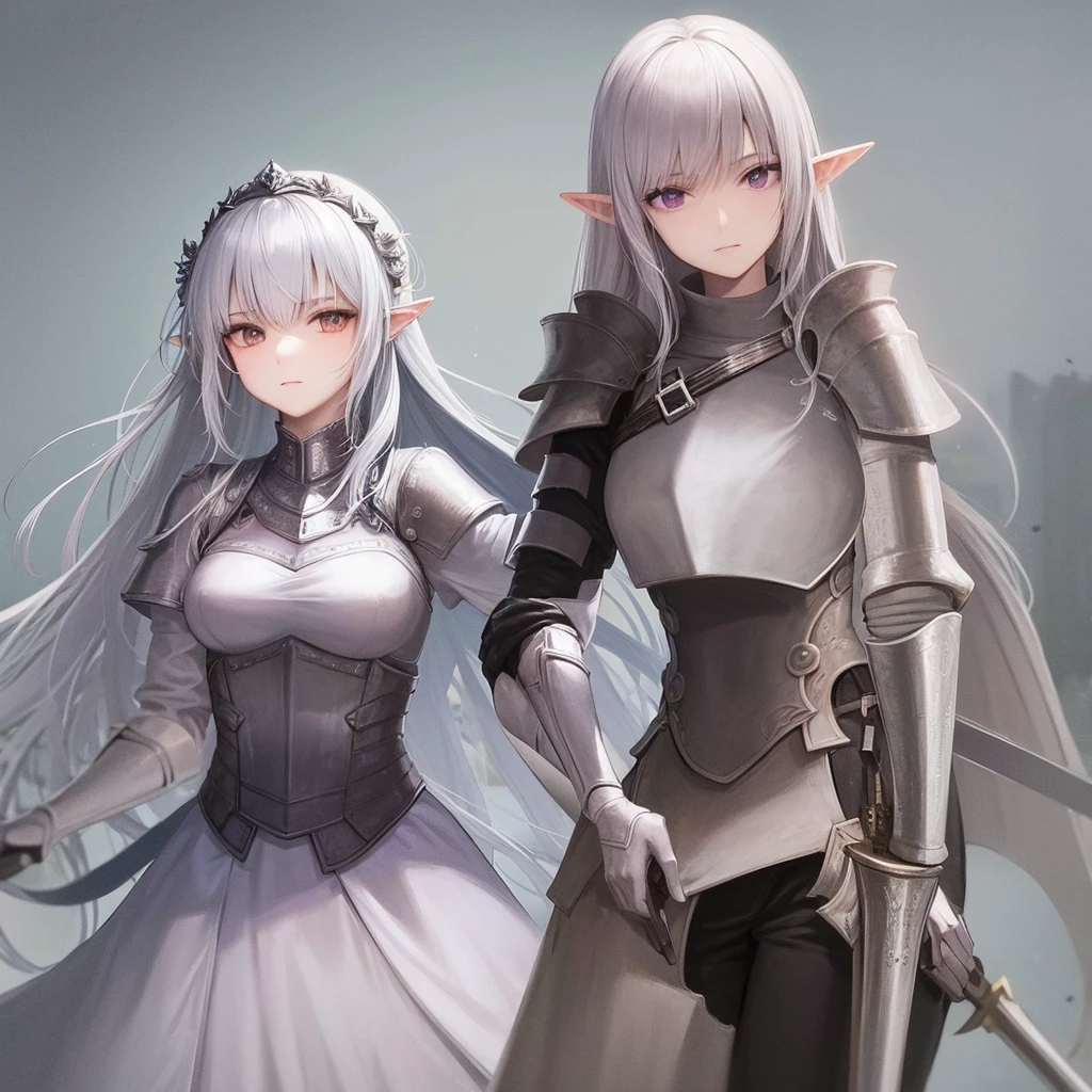 A woman in armor holding a sword and a sword in her hand, girl in armor, alluring elf princess knight, clothed in armor, purple armor, Dazzling armor, beautiful armor, elf princess knight, totalmente clothed in armor, beautiful female paladin, clothed in armor leve, in opal armor, girl in knight armor, thick armor, elf knight, wearing dark purple armor
