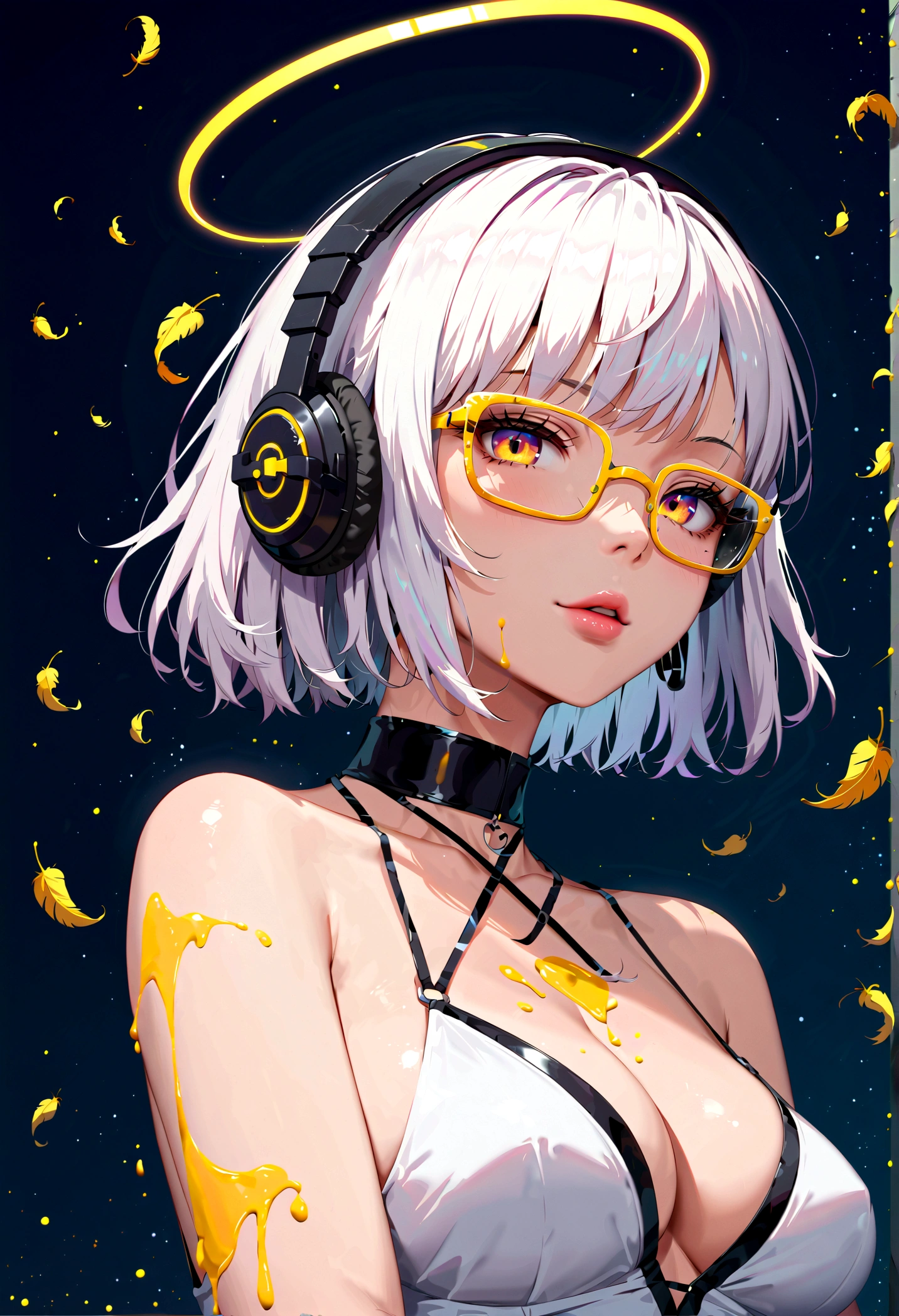 score_9, score_8_up, score_7_up, best quality ,masterpiece, 4k, portrait,  kawaii girl, paint overflowing, (white one-piece dress), wing, feathers, (super very short white hair), Anthem, breaking out of the eternal circle (((yellow glasses:1.3))), underrim_metal, headphones, medium breasts, clavicle, cleavage, halo