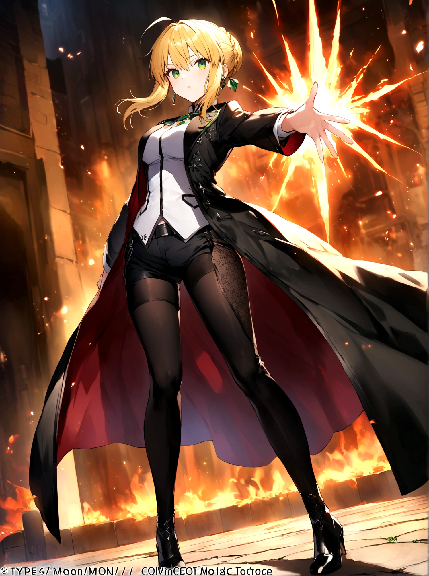 artoria pendragon, Type-Moon, fate/ stay night,floating，comiccore，filigree quasar，super realistic，super detailed wallpaper，8K，Aho，Green eyes，Royal sister，Long blond hair，Wearing silver glasses，Black vest，Delicate and small earrings，Black coat，Exposing belly，Wearing black silk，Long legs，Black shorts，Black high heels，On the Street，Dynamic Angle，Dynamic poses，Best picture quality，Original，high quality， --ar 9:16 --q 5 --niji 5