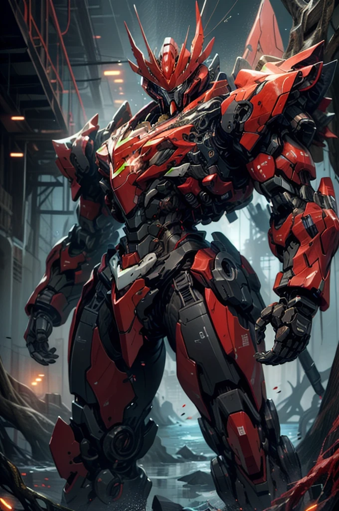 nijimecha,red mech standing in an endless sea,deep sea,mech with heavy armor,thick limbs,energy core,power armor,full armor,best quality,masterpiece,no human being,v-fin,bule theme