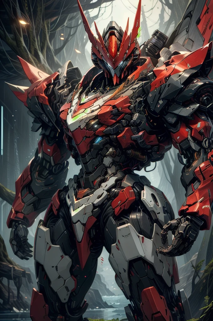 nijimecha,red mech standing in an endless sea,deep sea,mech with heavy armor,thick limbs,energy core,power armor,full armor,best quality,masterpiece,no human being,v-fin,bule theme