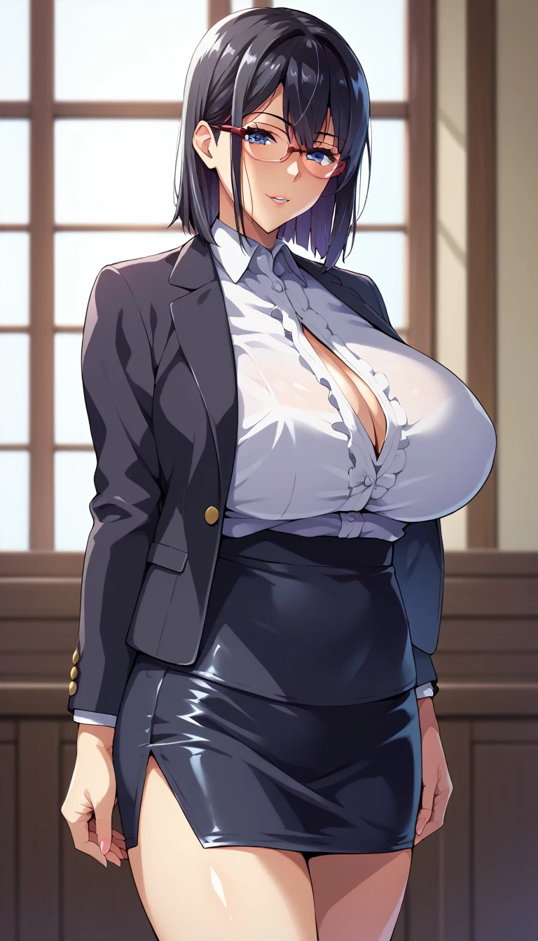 (masterpiece, best quality, ultra-detailed, high resolution, detailed eyes), takeda hiromitsu style, 1 woman, (40 years old), solo, voluptuous body, long black hair, huge breasts, looking at viewer, cowboy shot, glasses, (white blouse), (black pencil skirt), (black jacket)