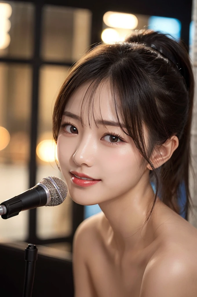 (masterpiece:1.3), high resolution, ultra detailed, extremely detailed CG unity 8k wallpaper, realistic, photo-realistic, RAW photo, beautiful detailed face, pale skin, realistic glistening skin, detailed cloth texture, detailed hair texture, Perfect body, Beautiful Face, accurate, Anatomically correct, Highly detailed face and skin texture, natural neck length, (beautiful hands), (fair skin:1.1), (well-aligned teeth:1.1), (Sweaty skin:1.2), 
BREAK, 
Detailed eyes, symmetric eyes, Light Brown eyes, Double eyelids, Thin eyebrows, (Glossy lips:1.4), ((A face with waiting for a kiss:1.2)), (blush:1.1), (A sparkling small hair accessory:1.1), (beautiful smile:1.1), (having microphone:1.3),
BREAK, 
(A classy and Cute idol:1.3), (, nsfw, nipp), 
BREAK, 
medium large breasts, sfigure, firm abs, 
((ponytail, black hair, bangs:1.2)),  (cowboy shot:1.2), (looking at viewer), cowboy shot, From above, 
BREAK, 
 (singing on stage:1.3),