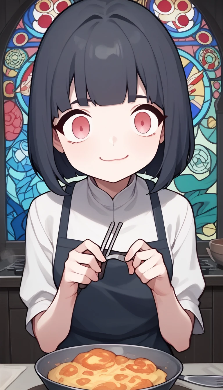 score_9, score_8_up, score_7_up, score_6_up, score_5_up, score_4_up, source_anime, beautiful and cute woman, innkeeper, cooking, long face, silvery bob cut, blunt bangs, droopy eyes, smirk, pink cheeks, in a dim forest, faint moonlight, inn entrance with stained glass, simple and simple, slightly scary picture book illustration style