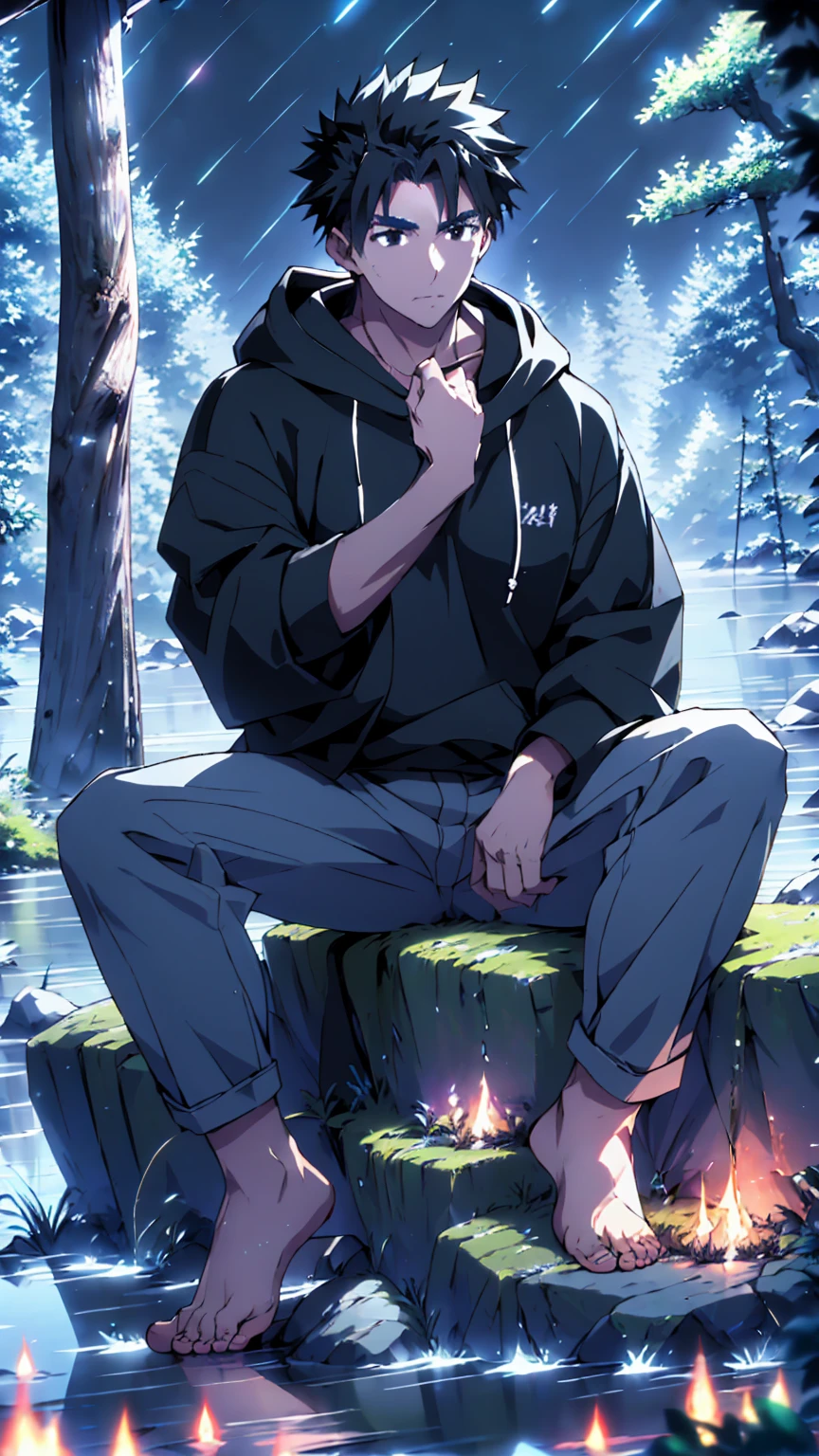 ((Highest quality)), ((masterpiece)), (detailed), Highest quality、High resolution、８K、A plain black hoodie、One adult male、33 years old、Sharp black eyes、Slightly permed black hair、Japanese anime-like style、超High resolutionかわいい萌えアニメ8k、handsome face manly、Slender and muscular、barefoot、sitting on a stone、Spread your legs、night、Forest landscape、lake、darkness、Surrounded by lots of fireflieoonlight