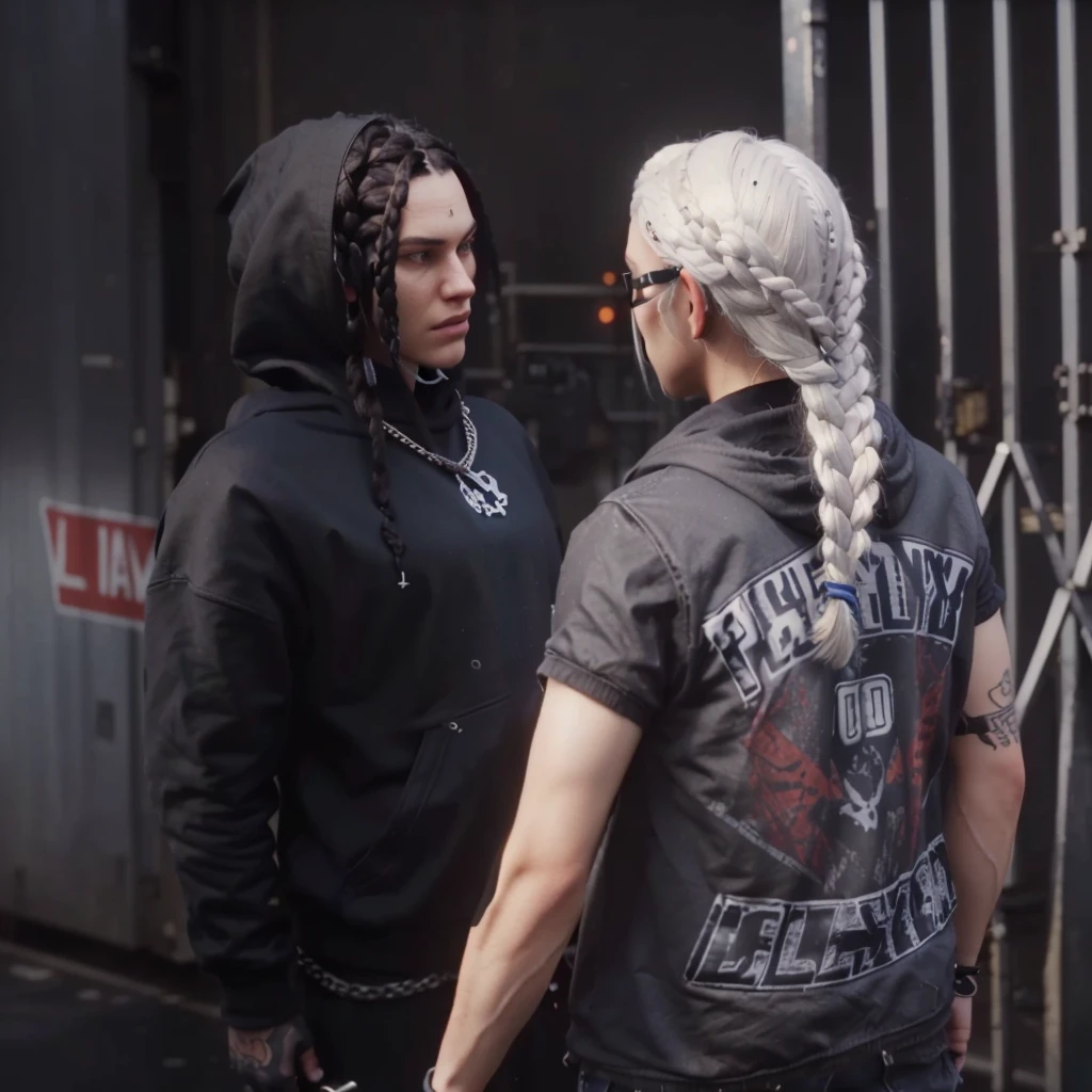 a close up of two people boy with braids hair black hoodie and girl with braids white hair standing near a metal gate, 2020 video game screenshot, video game cutscene, cutscene footage, mechanic punk outfit, gta character, cutscene, style of gta v, johnny silverhand, as a character from gtav, wearing a bandana and chain, video game screenshot>, looks like jerma985