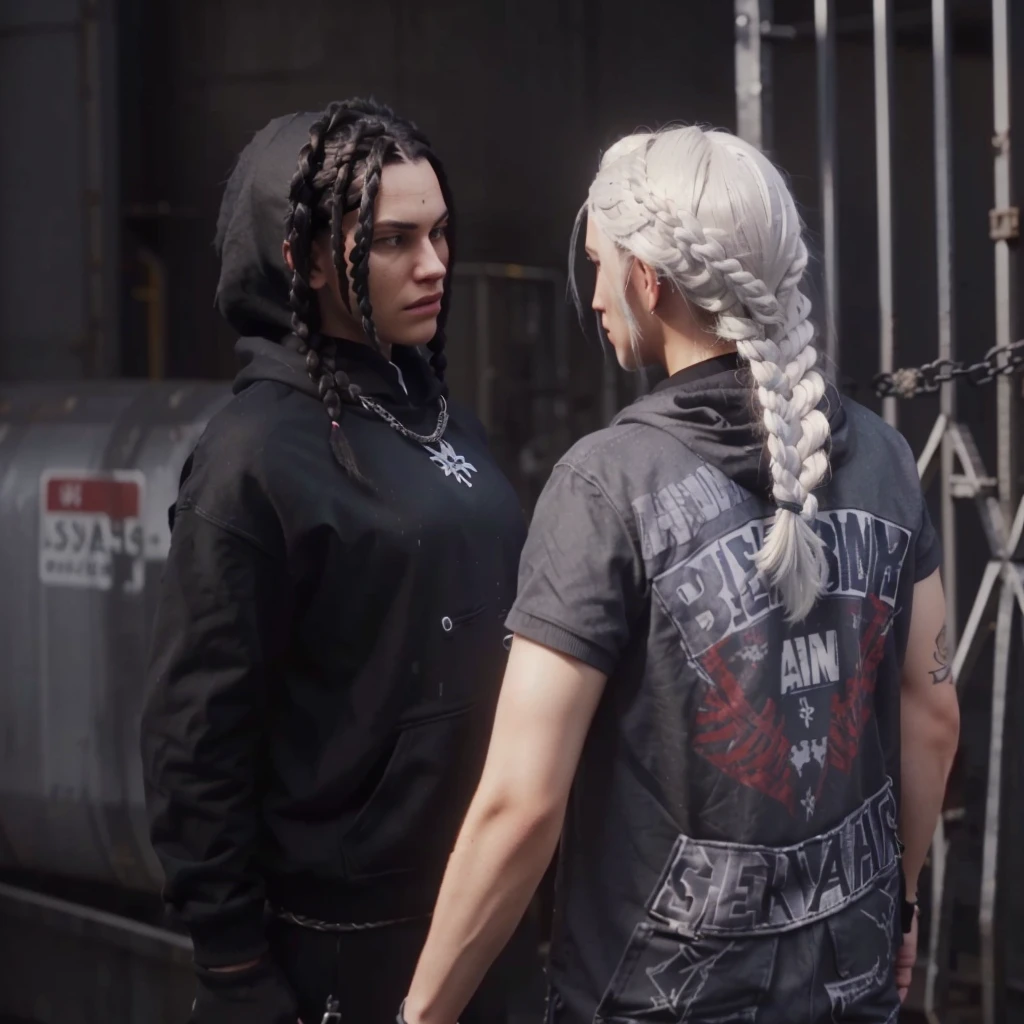 a close up of two people boy with braids hair black hoodie and girl with braids white hair standing near a metal gate, 2020 video game screenshot, video game cutscene, cutscene footage, mechanic punk outfit, gta character, cutscene, style of gta v, johnny silverhand, as a character from gtav, wearing a bandana and chain, video game screenshot>, looks like jerma985