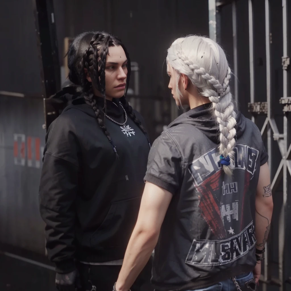 a close up of two people boy with braids hair black hoodie and girl with braids white hair standing near a metal gate, 2020 video game screenshot, video game cutscene, cutscene footage, mechanic punk outfit, gta character, cutscene, style of gta v, johnny silverhand, as a character from gtav, wearing a bandana and chain, video game screenshot>, looks like jerma985