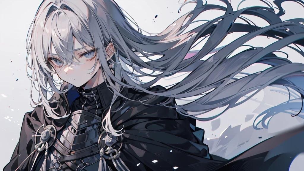 Create an image of a dignified, charismatic, grey-haired 19-year-old adult male. Hair can be styled more naturally, Is it partially tied?、Flowing softly in the wind. His eyes are black, Conveying Firmness and Wisdom. He is dressed in a knight-like outfit., He is not currently working. All the clothes he wears are black, With a flowing cape behind him, Reflecting elegance and mystery.