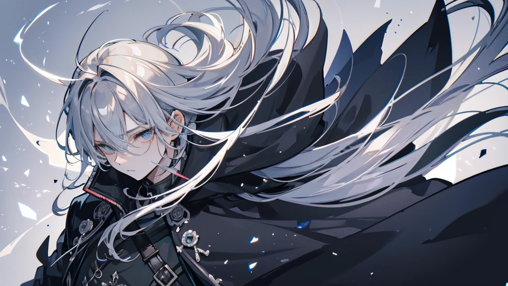 Create an image of a dignified, charismatic, grey-haired 19-year-old adult male. Hair can be styled more naturally, Is it partially tied?、Flowing softly in the wind. His eyes are black, Conveying Firmness and Wisdom. He is dressed in a knight-like outfit., He is not currently working. All the clothes he wears are black, With a flowing cape behind him, Reflecting elegance and mystery.
