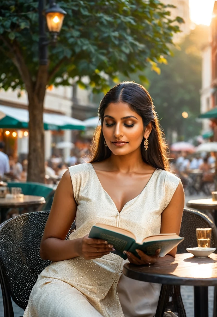 An image of a relaxed tanned Indian woman in sophisticated business attire, leisurely reading a book, sitting at an outdoor cafe, with a backdrop of a quaint urban street, under the glow of a sunset, extremely detailed, ultra realistic, 10k high resolution, in the style of pointillism, mixed media, and graphite, inspired by Romanticism, Expressionism, and Post-Impressionism.