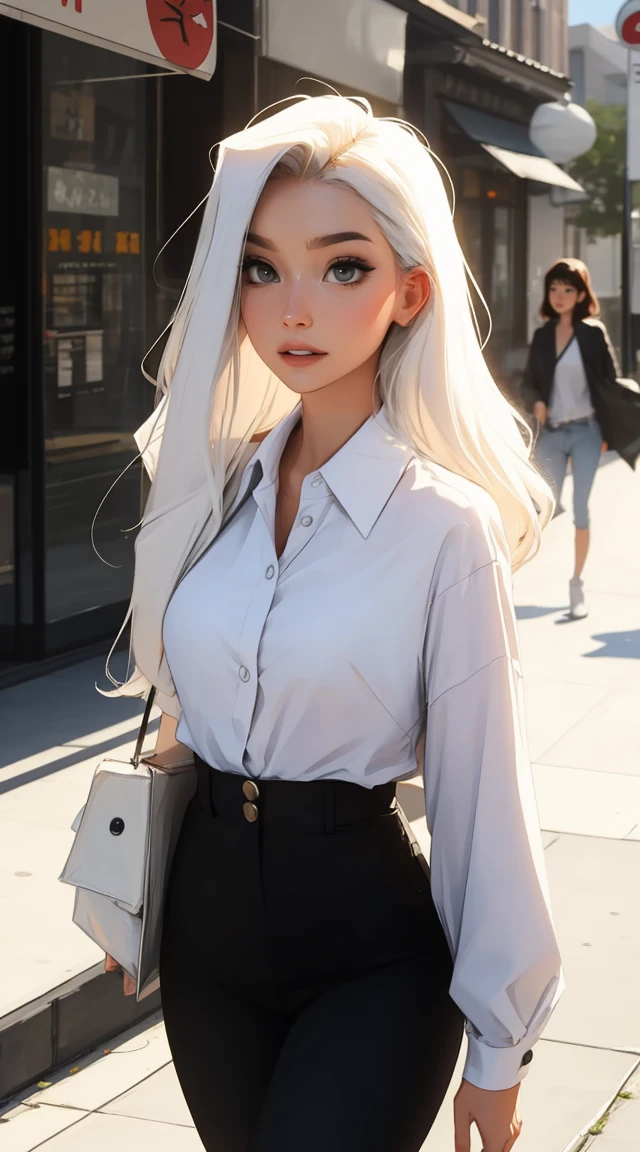 Beautiful woman with white long hair, white eyelashes, white eyebrows, walking in the streets