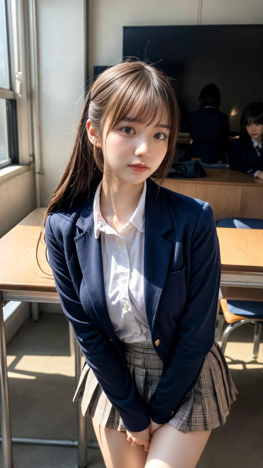 masterpiece, best quality, illustration, Super detailed, fine details, High resolution, 8K,wall paper, perfect dynamic composition,(Details High quality, realistic depiction of eyes:1.3), from side, High School Classroom、High school girl uniform、blazer 、Super Short Check Uniform Skirt、Navy blue high socks、garterbelts、Colossal tits、Disturbed uniform, ponytail, black hair color, large breasts, Big Natural Color Lip, bold sexy pose, (perfect body shape), crying a little、cold gaze, Harajuku style、20 year old girl、cute type, beautiful legs, hposing Gravure Idol, Voluptuous thighs