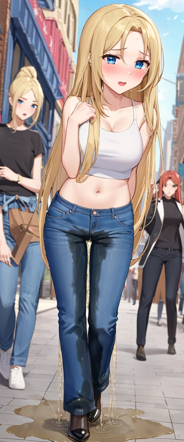 ((best quality, masterpiece:1.3, 8K)), (detailed), highly detailed face and skin texture, detailed eyes, downtown, full body, slender body, 1girl, 25 years old, white skin, blue eyes, bright lips, worried, embarrassed, panicking, blond hair, straight hair, long hair, (forehead:0.8), blue eyes, white croptop, no sleeves, navel, jeans pants, flares jeans, blue jeans, black heels, peeing jeans, peeing pants, pee stain, (wetting herself:1.5, desperation:1.5),