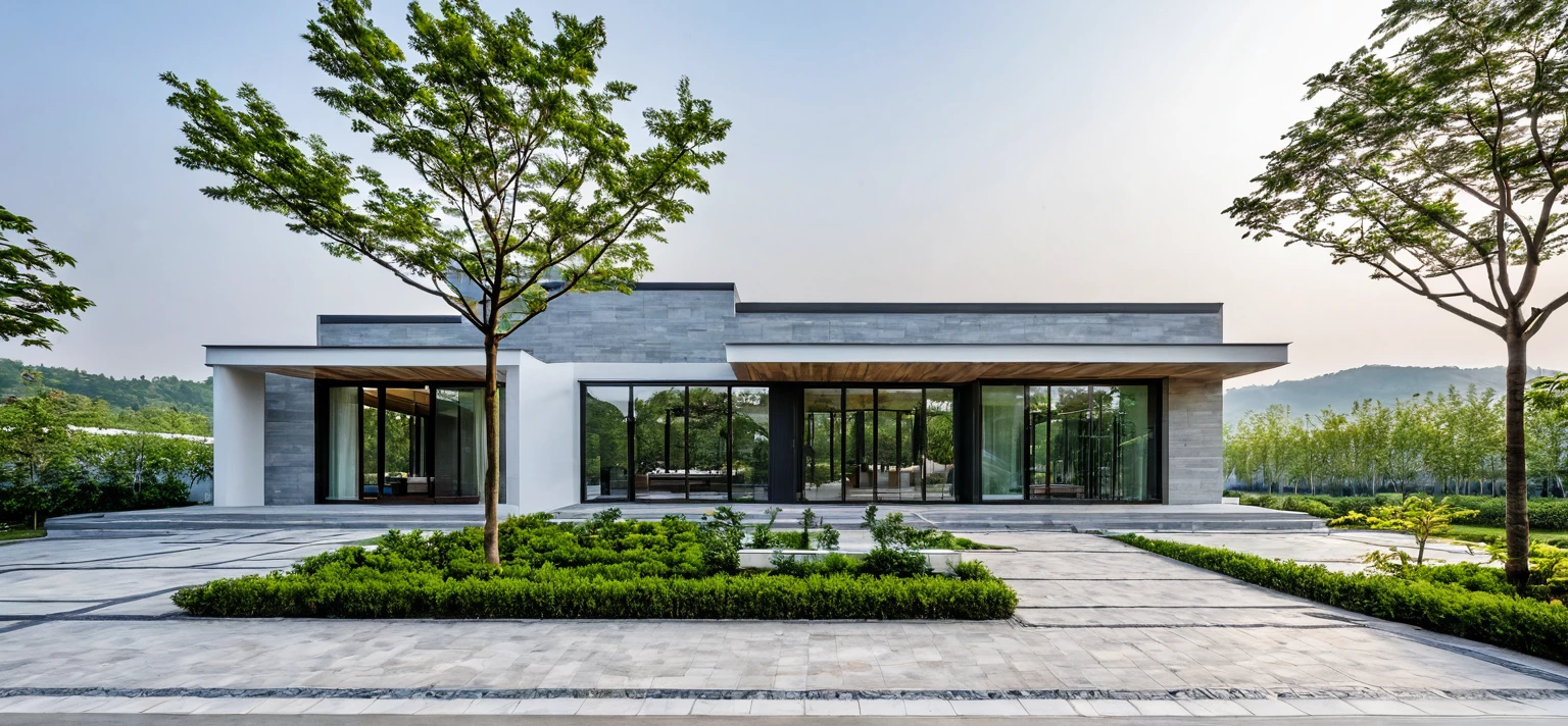 qlcd,tingyuan, photo of modern villa, grassland, garden, shrubs and trees, rock decoration, clear sky, sun light, realistic photo