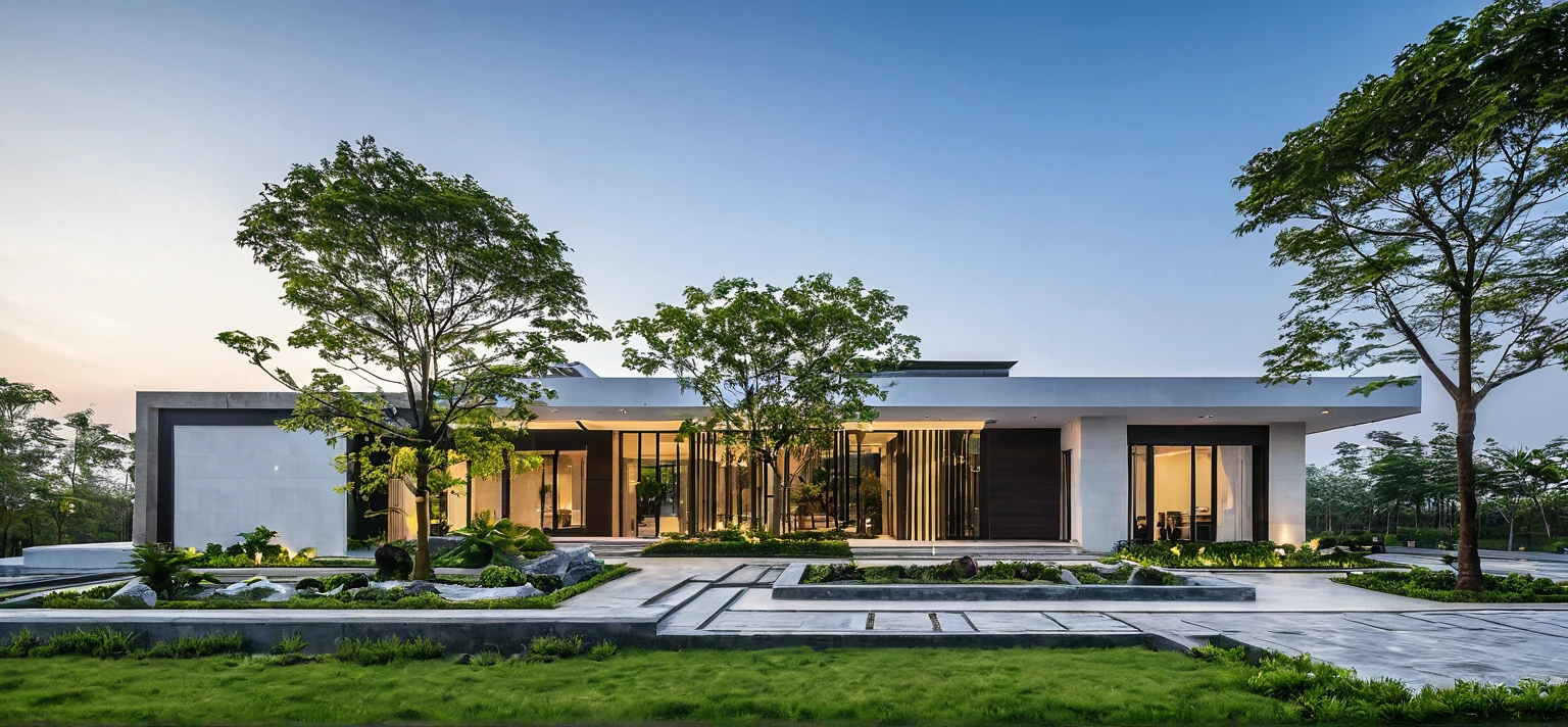 qlcd,tingyuan, photo of modern villa, grassland, garden, shrubs and trees, rock decoration, clear sky, sun light, realistic photo