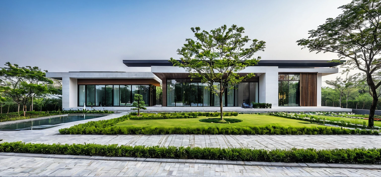 qlcd,tingyuan, photo of modern villa, grassland, garden, shrubs and trees, rock decoration, clear sky, sun light, realistic photo